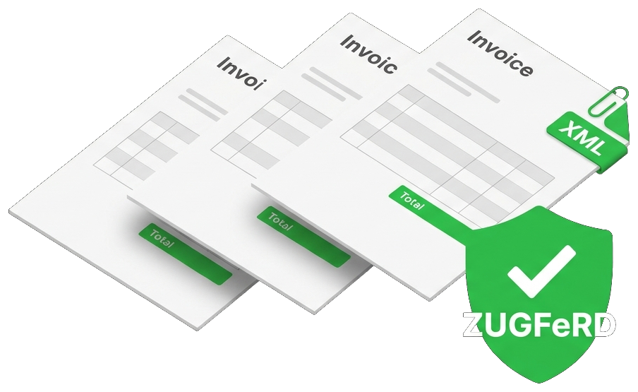 E-Rechnung (ZUGFeRD) im Garbit erweiterten Mahnversand - drei Rechnungen aus Sage 100 und Sage Office Line mit eingebetteter XML und ZUGFeRD-Siegel